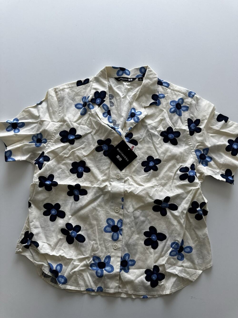 MARIMEKKO x UNIQLO Open Collar Blouse Linen Blend White Blue Floral Print Small